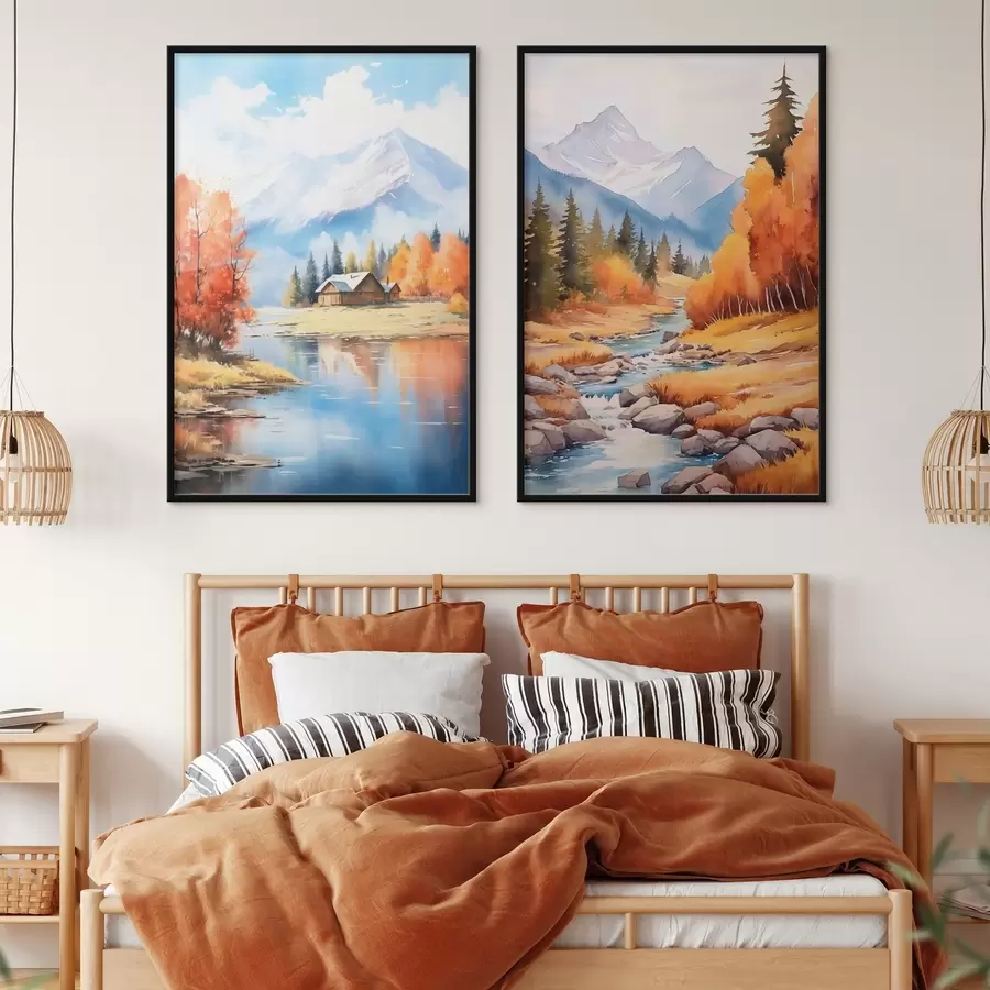 Fototapety Jesenná horská krajina s jazerom a riekou d00929