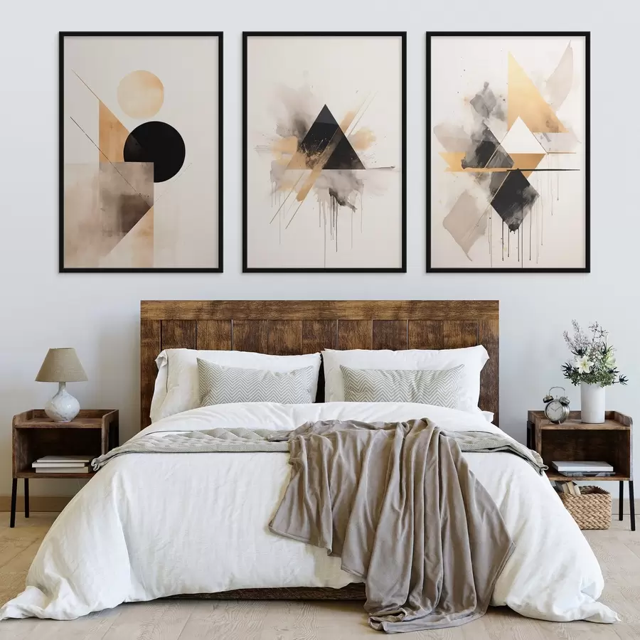 Fototapety Geometrické trojuholníky s kvapkami atramentu, čierne a okrové d00963