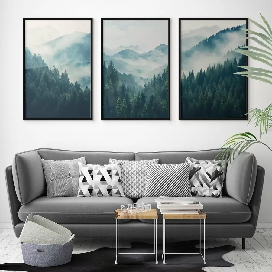 Fototapety Hmlisté borovicové hory pokryté jemnými odtieňmi zelenej a modrej farby d00964