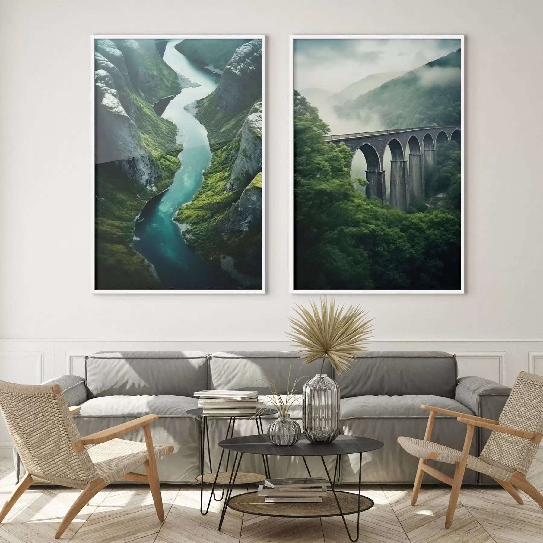 Fototapety Vzdušný riečny kaňon a hmlistý viadukt v zelených kopcoch d00967