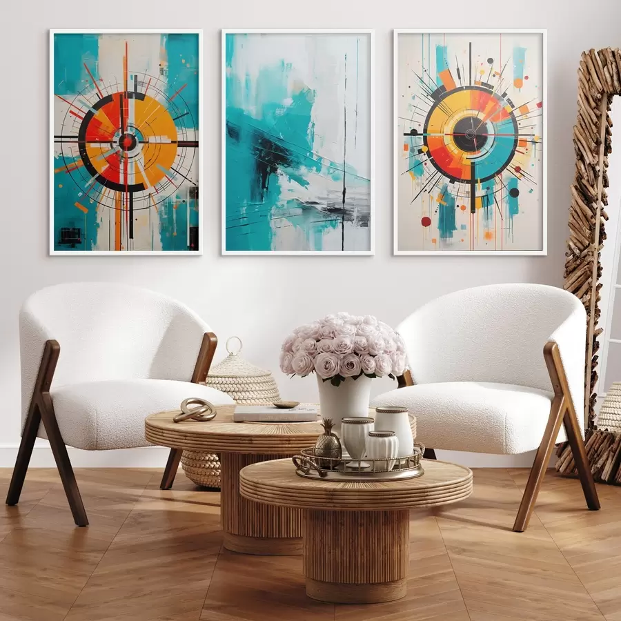 Fototapety Radiálny abstraktný vzor s tyrkysovými a oranžovými výbuchmi d00973