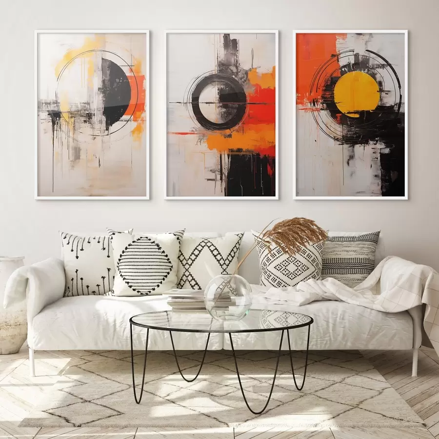 Fototapety Textúrované kruhy a výrazné ťahy v čiernej, okrovej a oranžovej farbe d00974