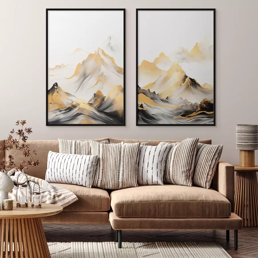 Fototapety Textúrované žlté a čierne hory so zasneženými vrcholmi, štýl maľby tušom, minimalistické pohorie d01002