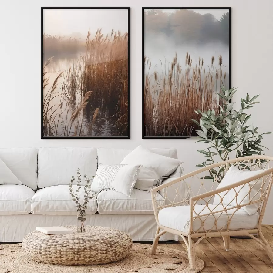 Fototapety Vysoké trstiny rastúce vo vode, voda odráža trstiny, hmlisté pozadie, mäkké svetlo, prírodná scéna d01008