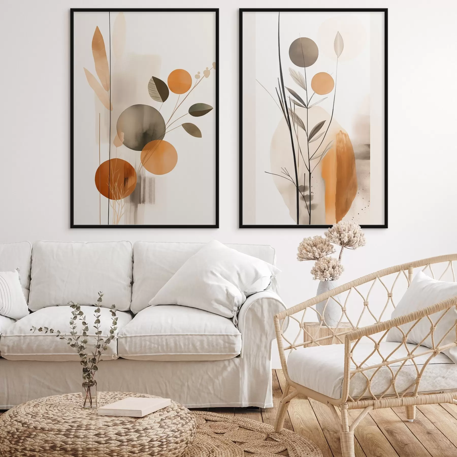 Fototapety Abstraktná maľba s oranžovými a sivými kruhmi, listami a vetvami, moderný štýl, akvarelový efekt d01009