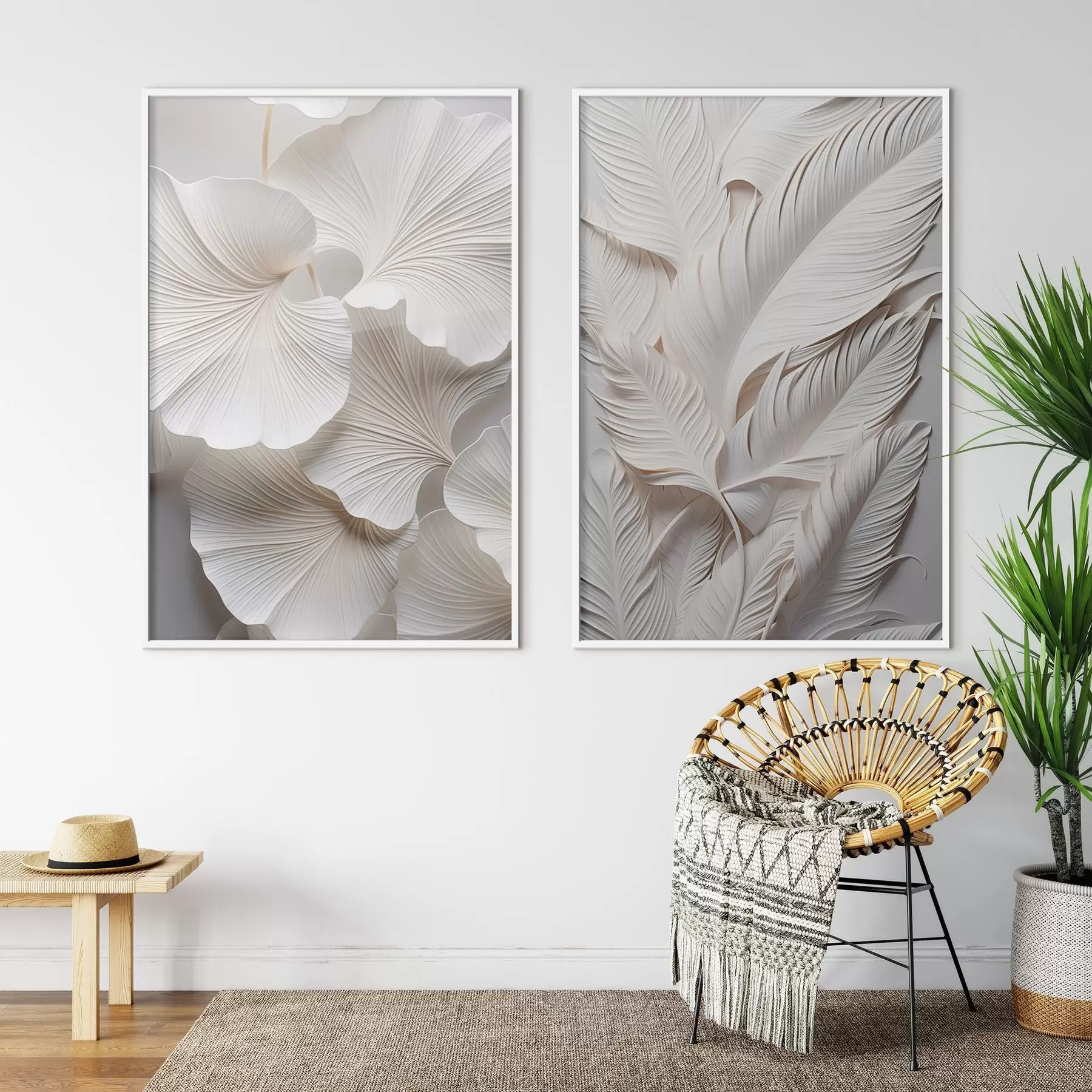 Fototapety Biele listy ginkga a dlhé listy so zložitými detailmi, ktoré vytvárajú textúrovaný a vrstvený efekt, minimalistické umenie d01013