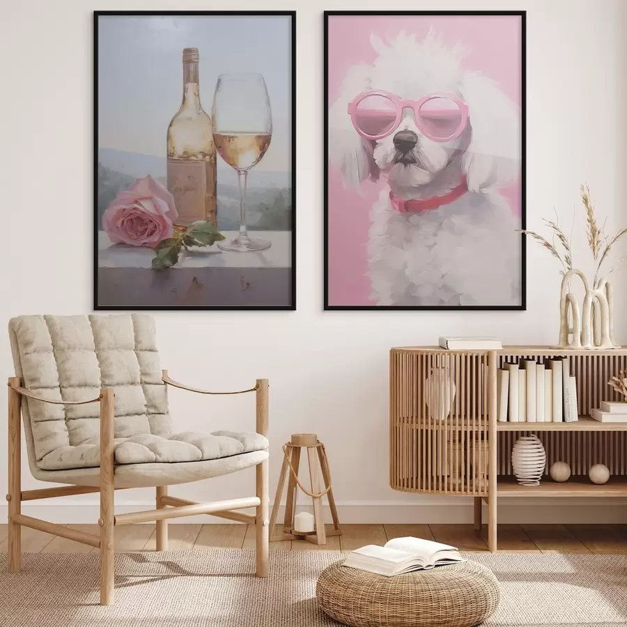 Fototapety Fľaša a pohár vína a pudel s okuliarmi, imitácia maľby d01021