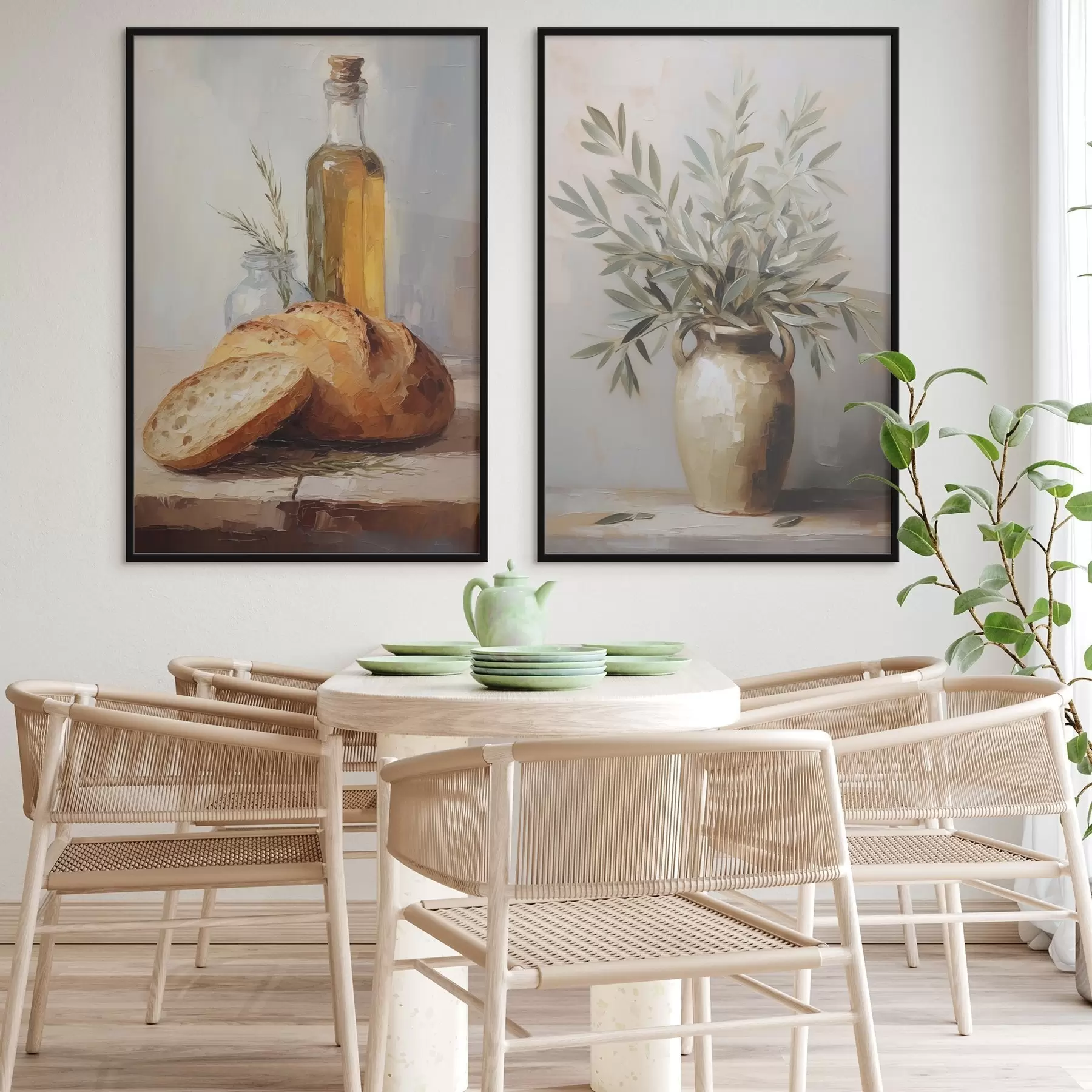 Fototapety Olivové vetvy vo váze, chlieb a fľaša oleja, imitácia maľby d01035