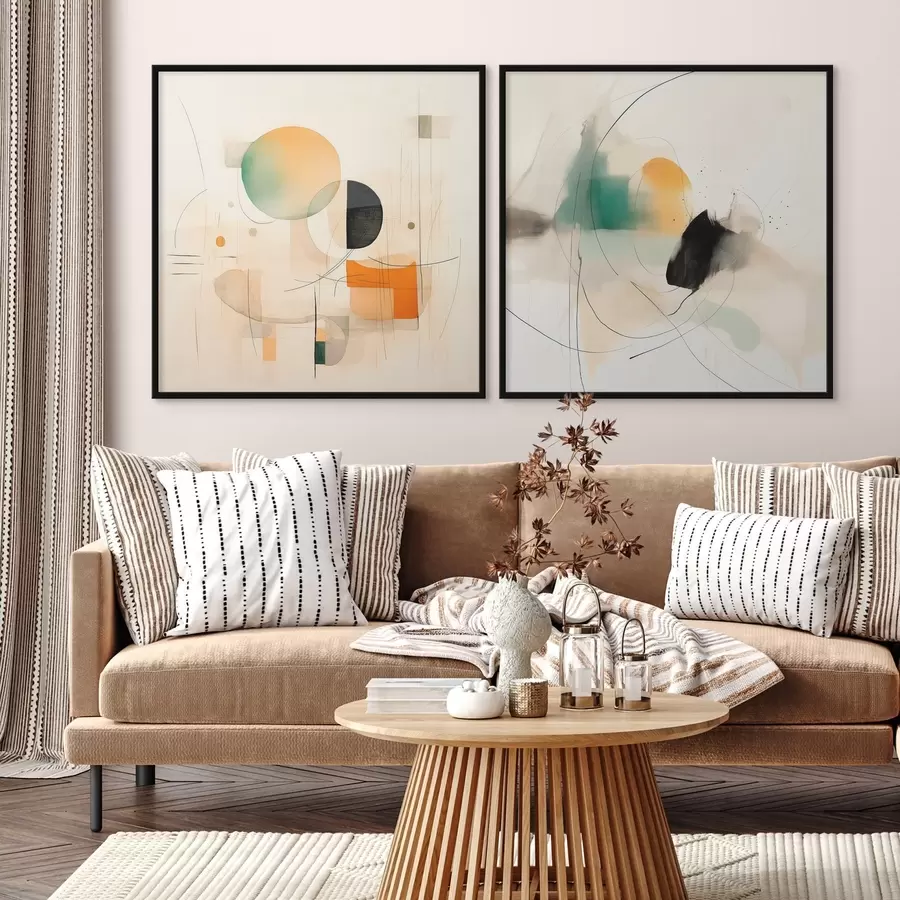 Fototapety Abstraktný diptych s kruhovými tvarmi a dynamickými líniami d00981