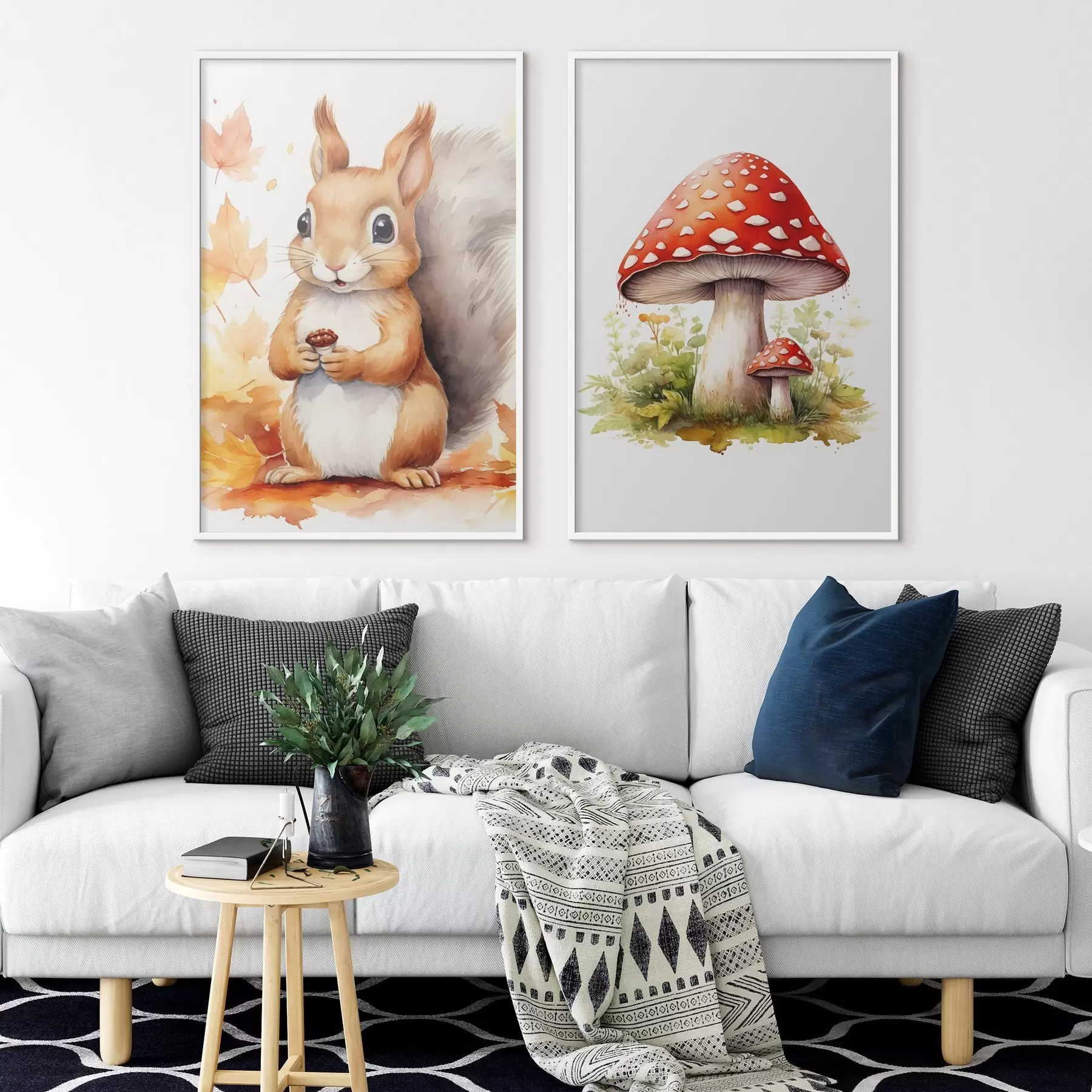 Fototapety Veverička a lesná huba, muchotrávka, imitácia akvarelu d01049