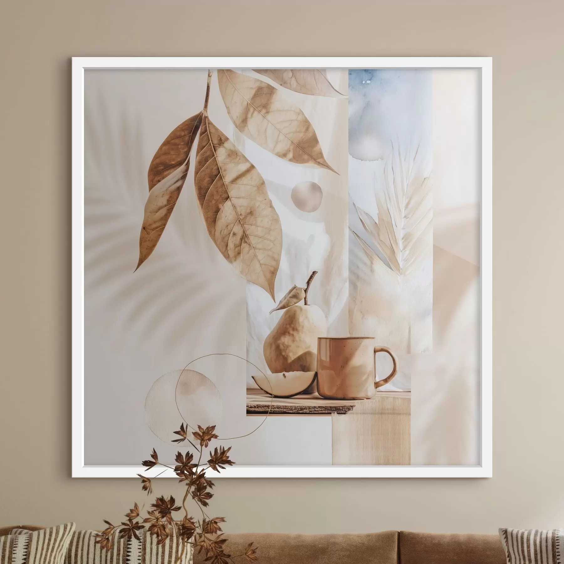 Fototapety Abstrakt s listami, hruškou a šálkou f47047