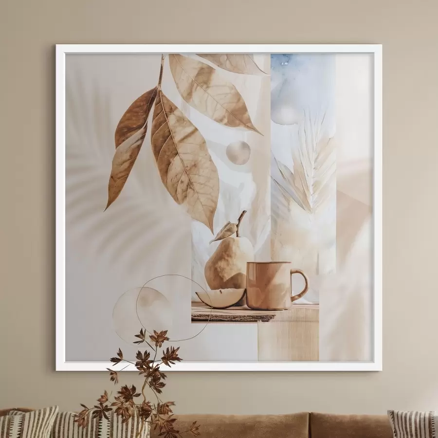 Fototapety Abstrakt s listami, hruškou a šálkou f47047