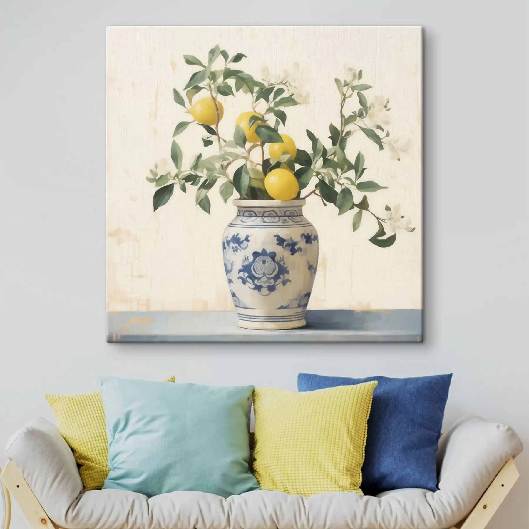 Obraz Citróny v modro-bielej keramickej váze v štýle olejomaľby s46924
