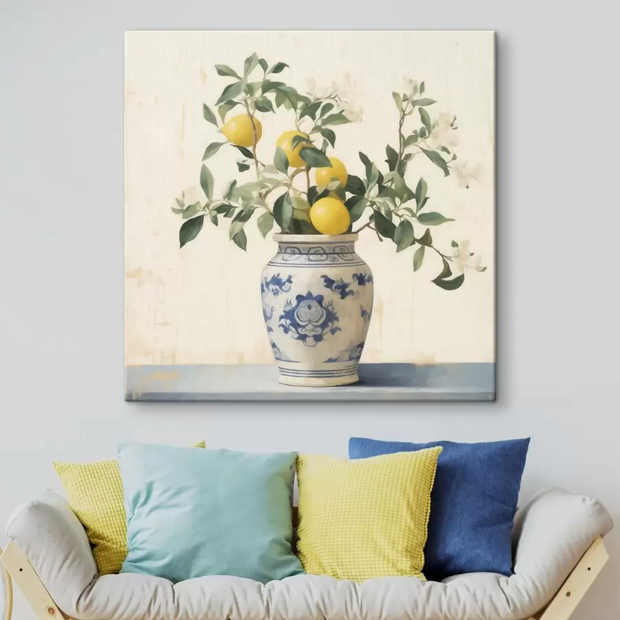 Obraz Citróny v modro-bielej keramickej váze v štýle olejomaľby s46924