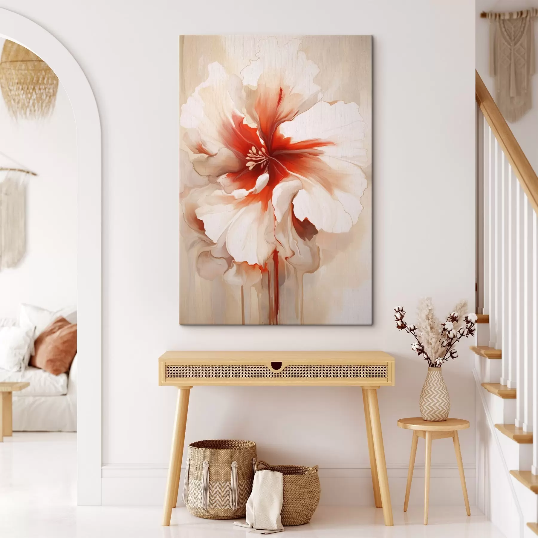 Obraz Záber na bielu a červenú kvetinu s polopriehľadnými okvetnými lístkami a stekajúcimi kvapkami farby s46941