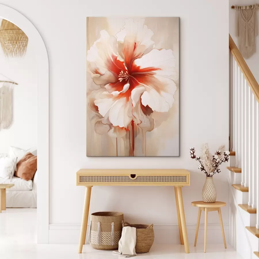 Obraz Záber na bielu a červenú kvetinu s polopriehľadnými okvetnými lístkami a stekajúcimi kvapkami farby s46941