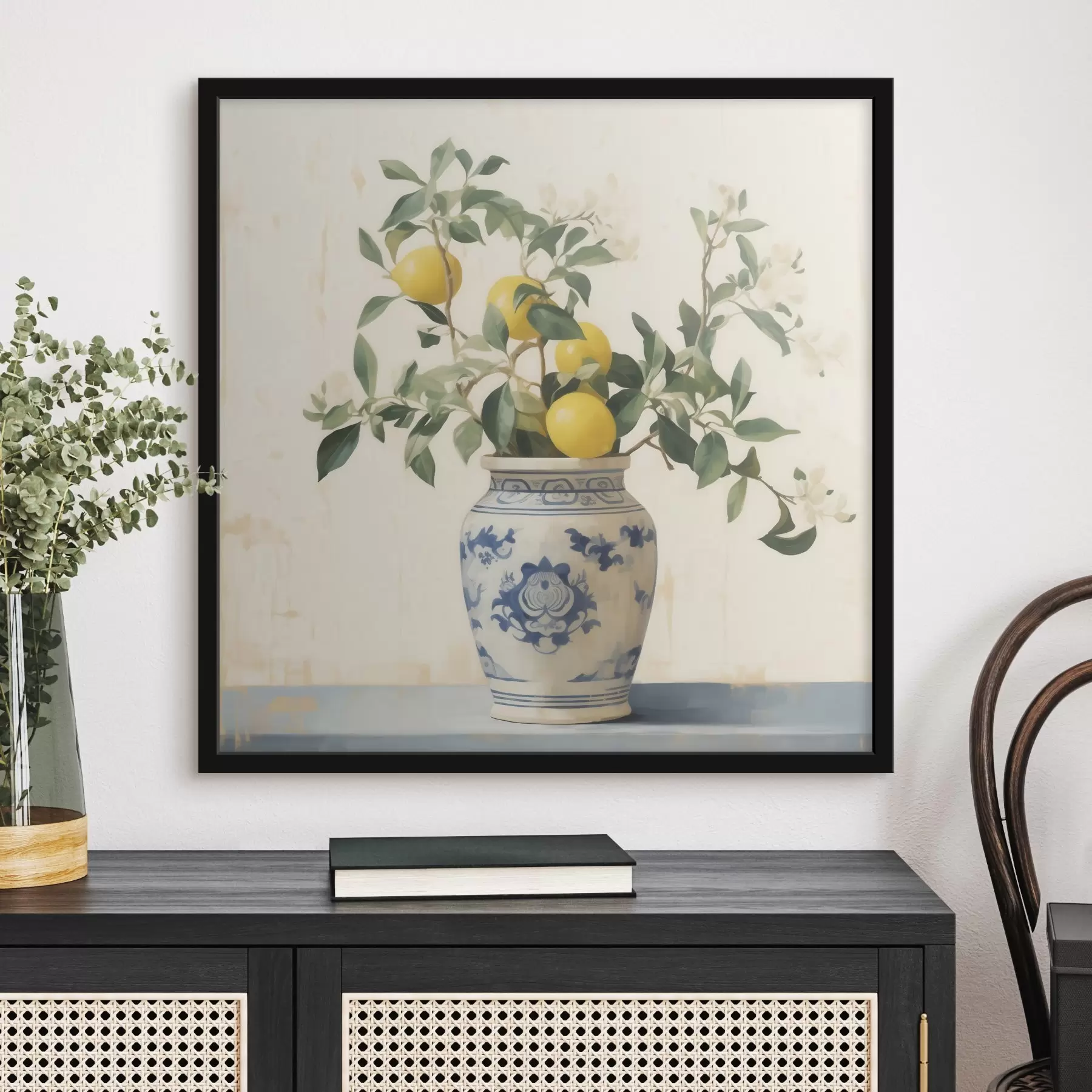 Fototapety Citróny v modro-bielej keramickej váze v štýle olejomaľby f46924