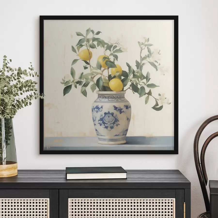 Fototapety Citróny v modro-bielej keramickej váze v štýle olejomaľby f46924