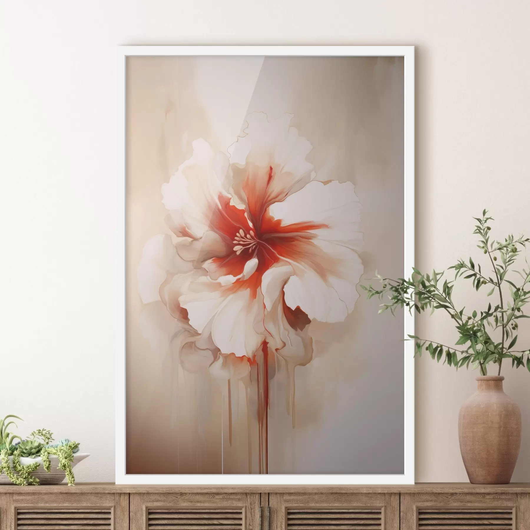 Fototapety Biela a červená kvetina s polopriehľadnými okvetnými lístkami a stekajúcimi kvapkami farby f46940