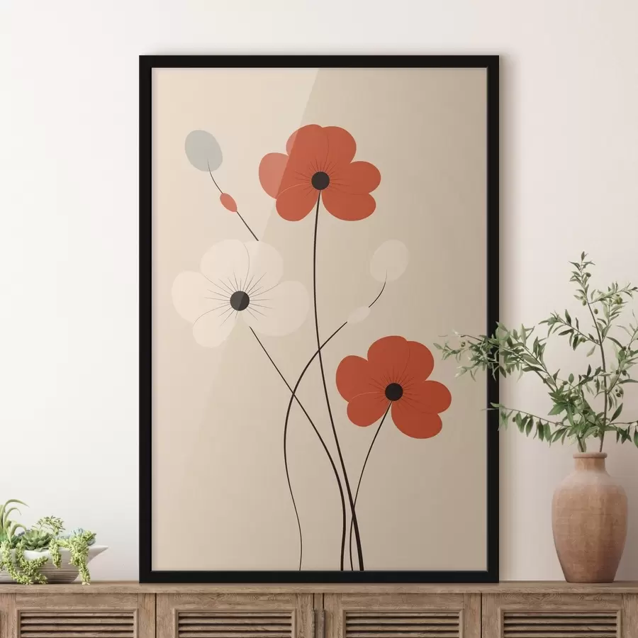 Fototapety Abstraktná kompozícia s tenkými stonkami a jednoduchými tvarmi v minimalistickom štýle f46943