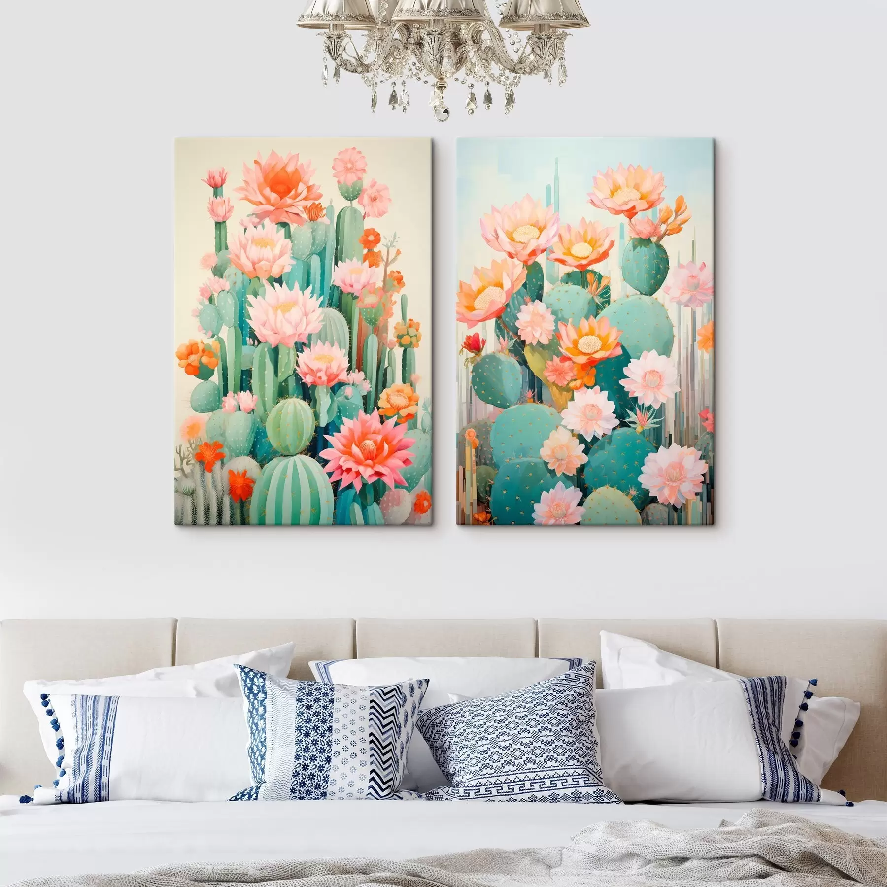 Obraz Kaktusy s veľkými kvetmi, pastelovou paletou a pocitom pokoja m01086