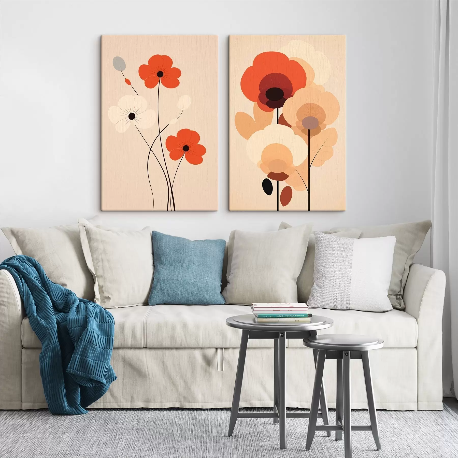 Obraz Minimalistický kvetinový diptych v teplých béžovo-koralových odtieňoch s grafickými líniami m01090