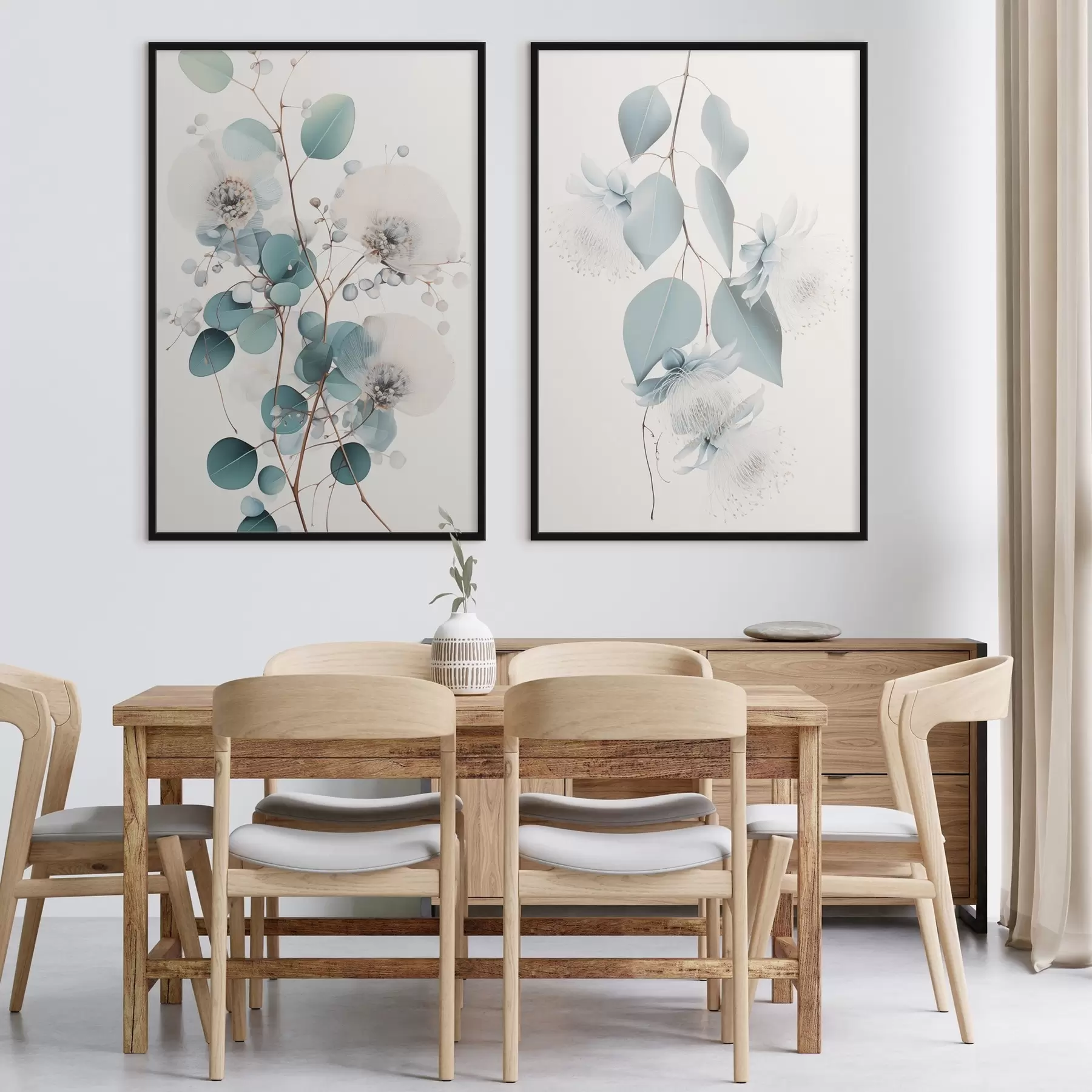 Fototapety Vetva eukalyptu s modrými listami a bielymi kvetmi, svetlé pozadie d00829