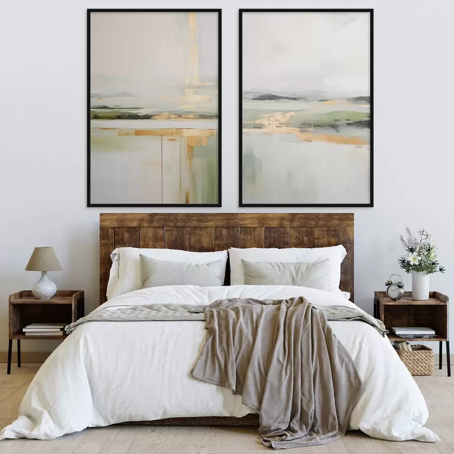 Fototapety Abstraktná krajina so žltými akcentmi, minimalistická kompozícia zeme, vody a oblohy, s tlmenými farbami d00877