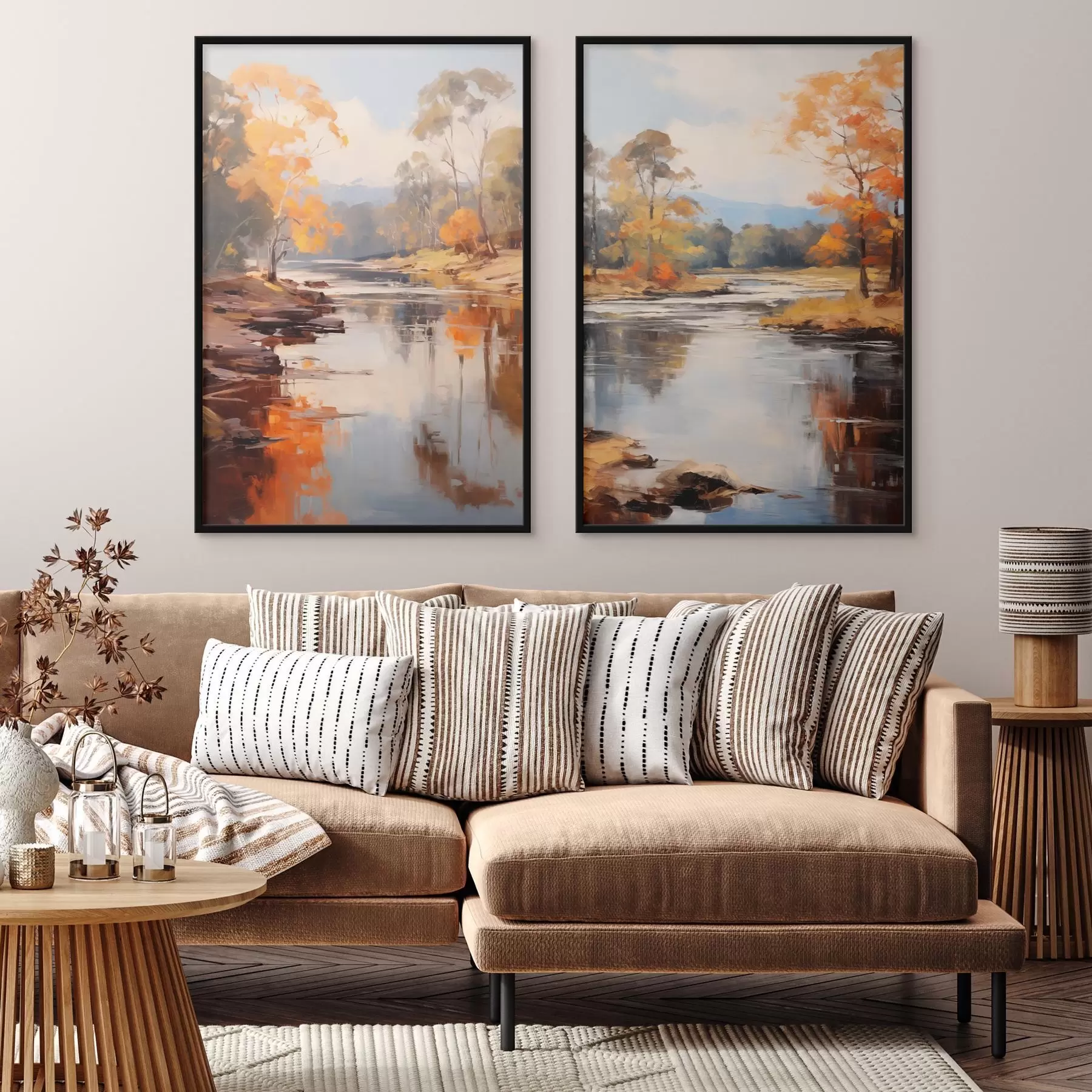 Fototapety Jesenná krajina, rieka s stromami na brehu, les v pozadí, odrazy na vode d00883