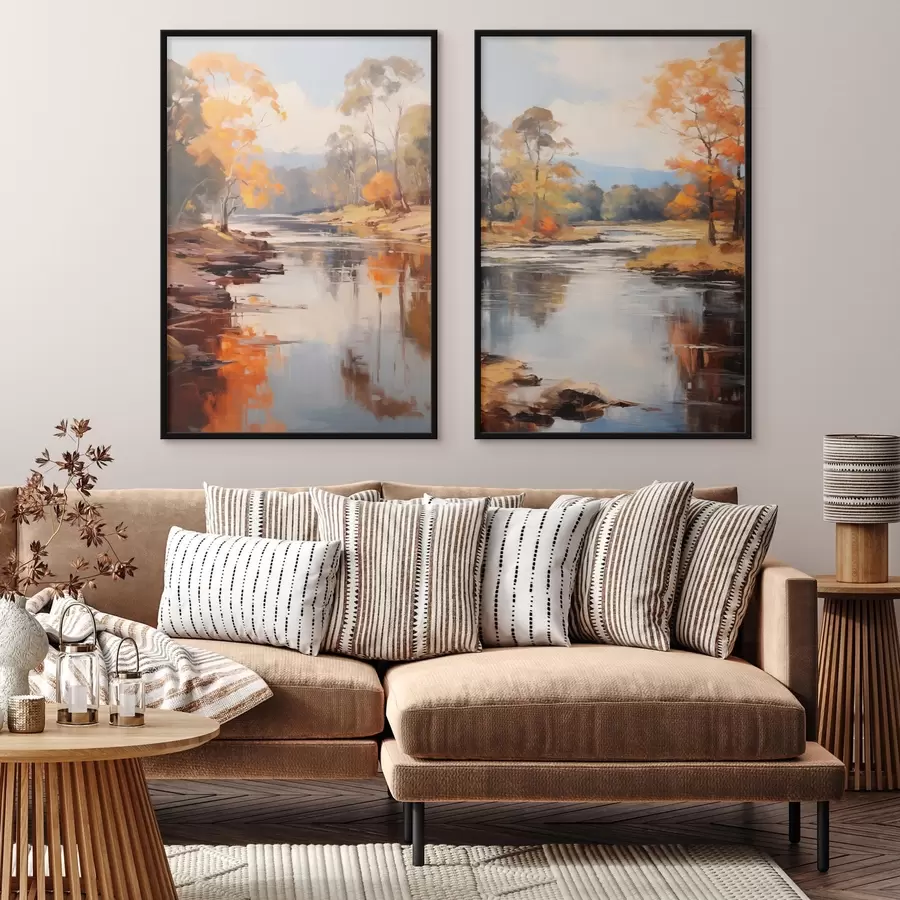 Fototapety Jesenná krajina, rieka s stromami na brehu, les v pozadí, odrazy na vode d00883