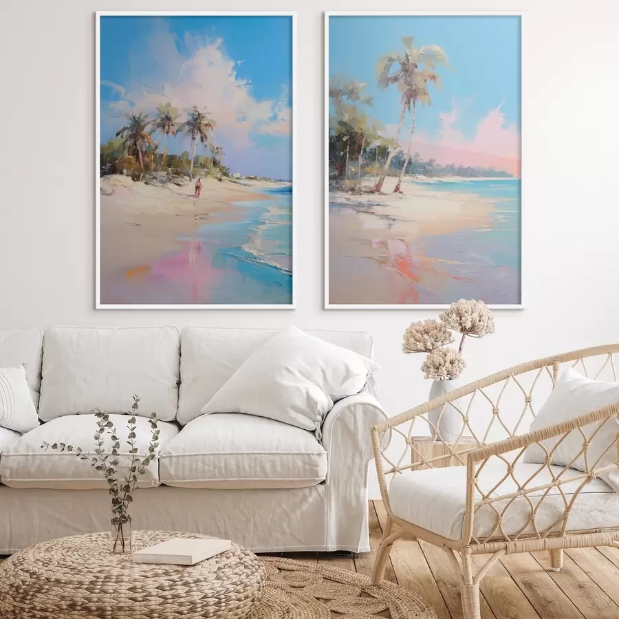 Fototapety Abstraktná krajina, pláž s palmami, jasný slnečný deň s modrou oblohou a niekoľkými mrakmi d00885