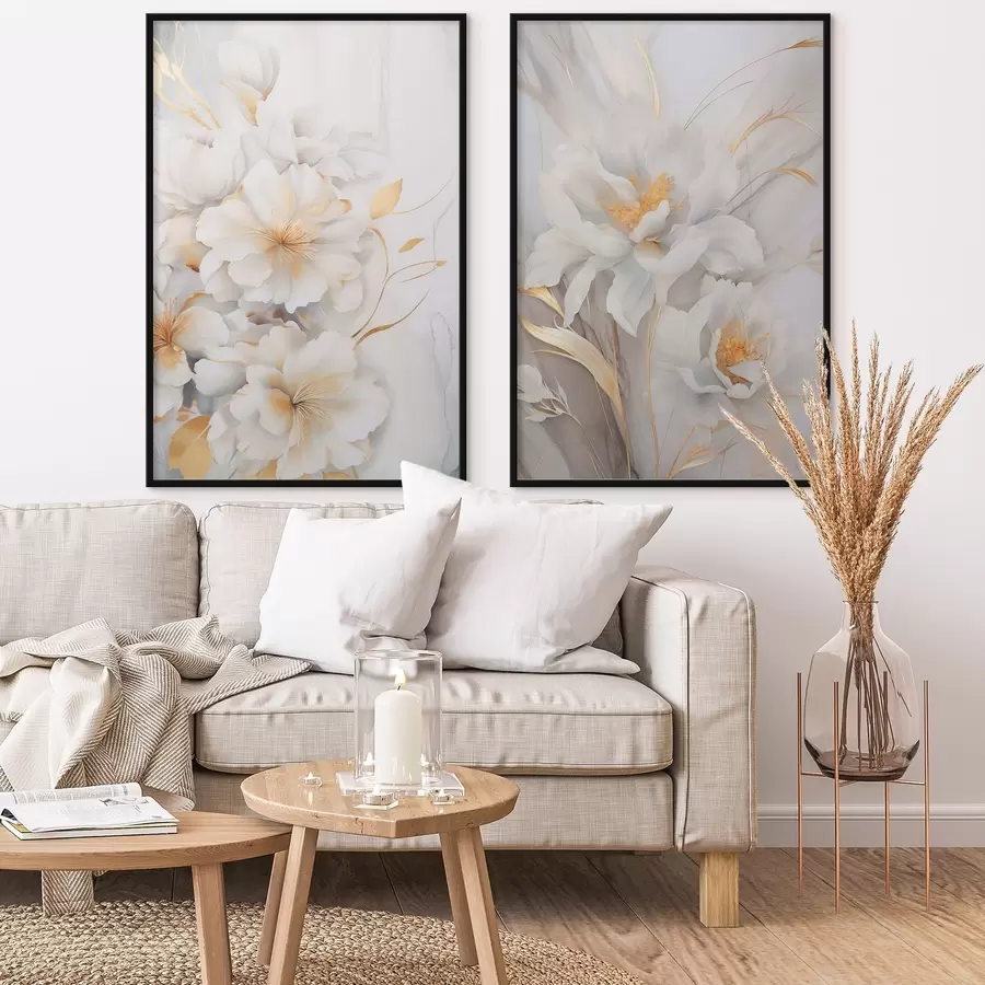 Fototapety Biele kvety so žltými detailmi, okvetné lístky s jemnými tieňmi, svetlé pozadie s jemným mramorovým efektom d00889