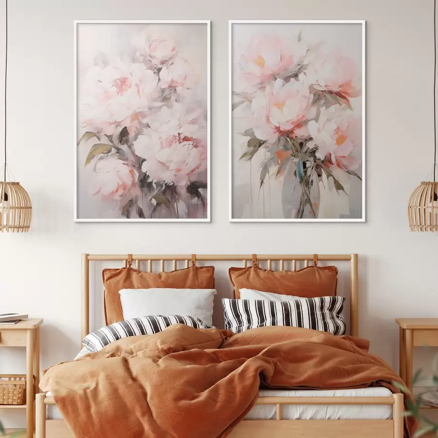 Fototapety Kytica svetloružových pivoniek so zelenými listami, jemnými ťahmi štetca, pastelovými farbami, na svetlom pozadí d00890