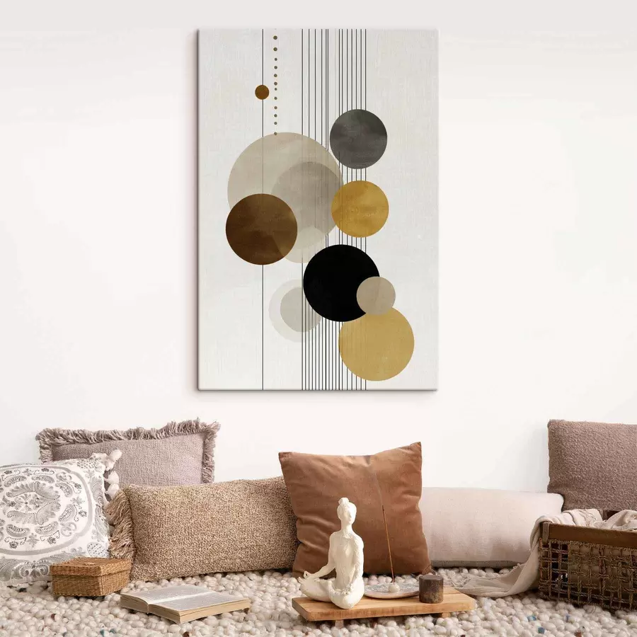 Obraz abstraktné dielo s kruhmi a čiarami v teplých farbách s47237