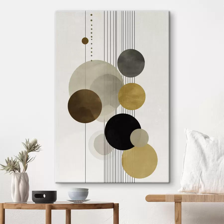 Obraz abstraktné dielo s kruhmi a čiarami v teplých farbách s47237