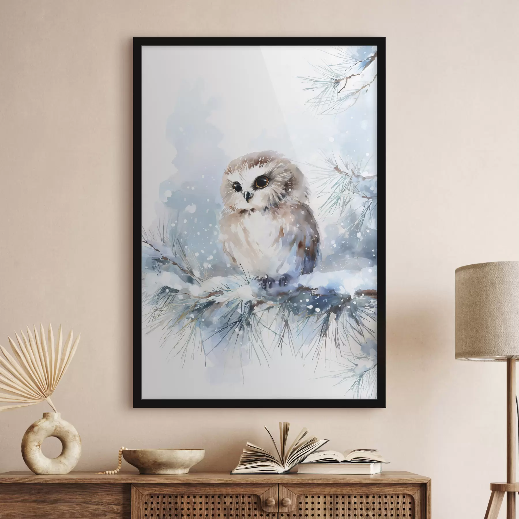 Fototapety roztomilá sova na zasneženej borovicovej vetve v akvarelovom štýle f47115