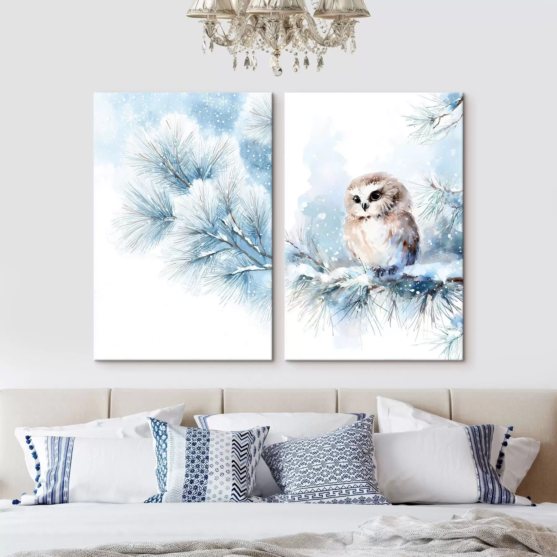 Obraz roztomilá sova na zasneženej borovicovej vetve v akvarelovom štýle m01168