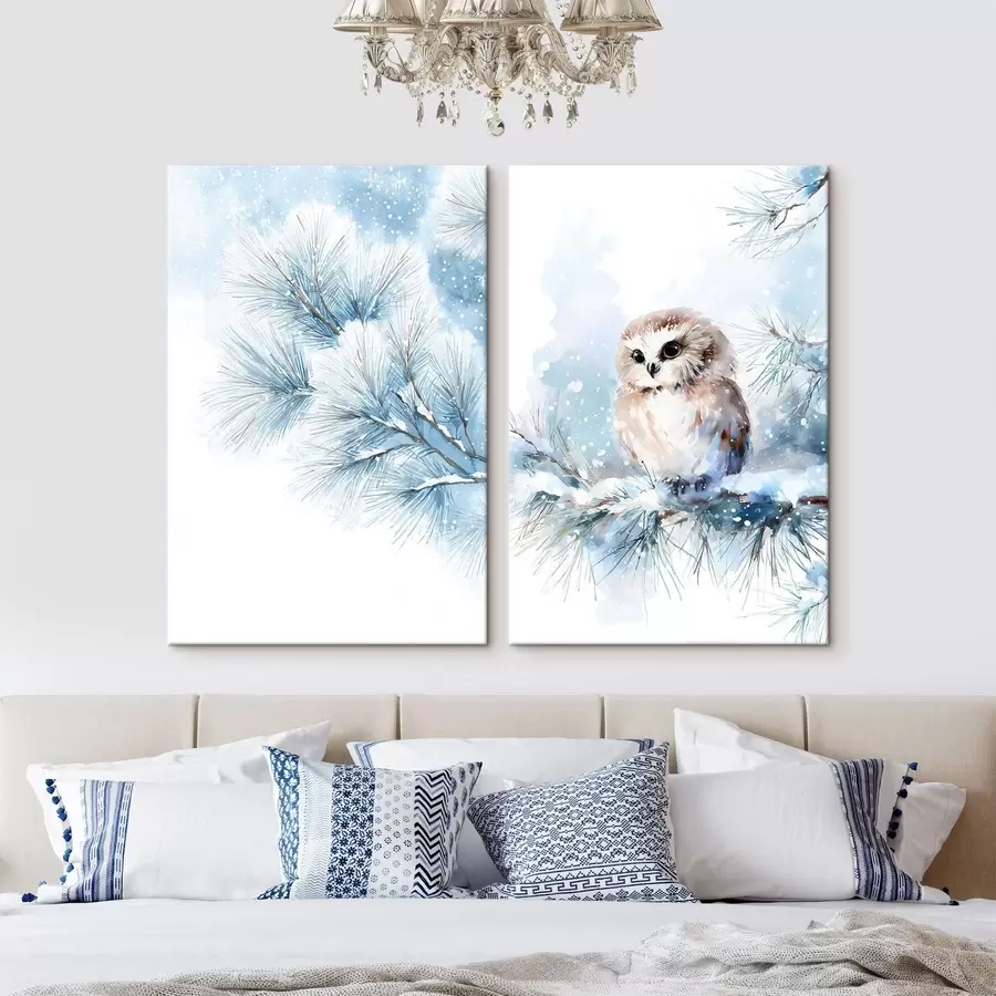 Obraz roztomilá sova na zasneženej borovicovej vetve v akvarelovom štýle m01168