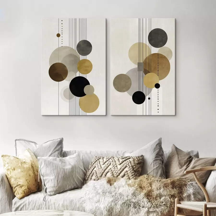 Obraz abstraktné dielo s kruhmi a čiarami v teplých farbách m01182