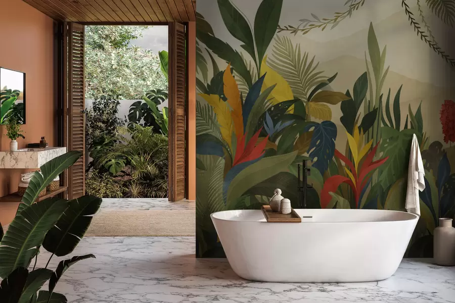 Fototapety Tropická zeleň s veľkými listami a kvetmi w05019