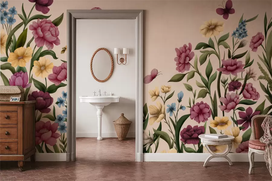 Fototapety Kvetinová kompozícia s rastlinami a motýľmi na svetlom pozadí w05072