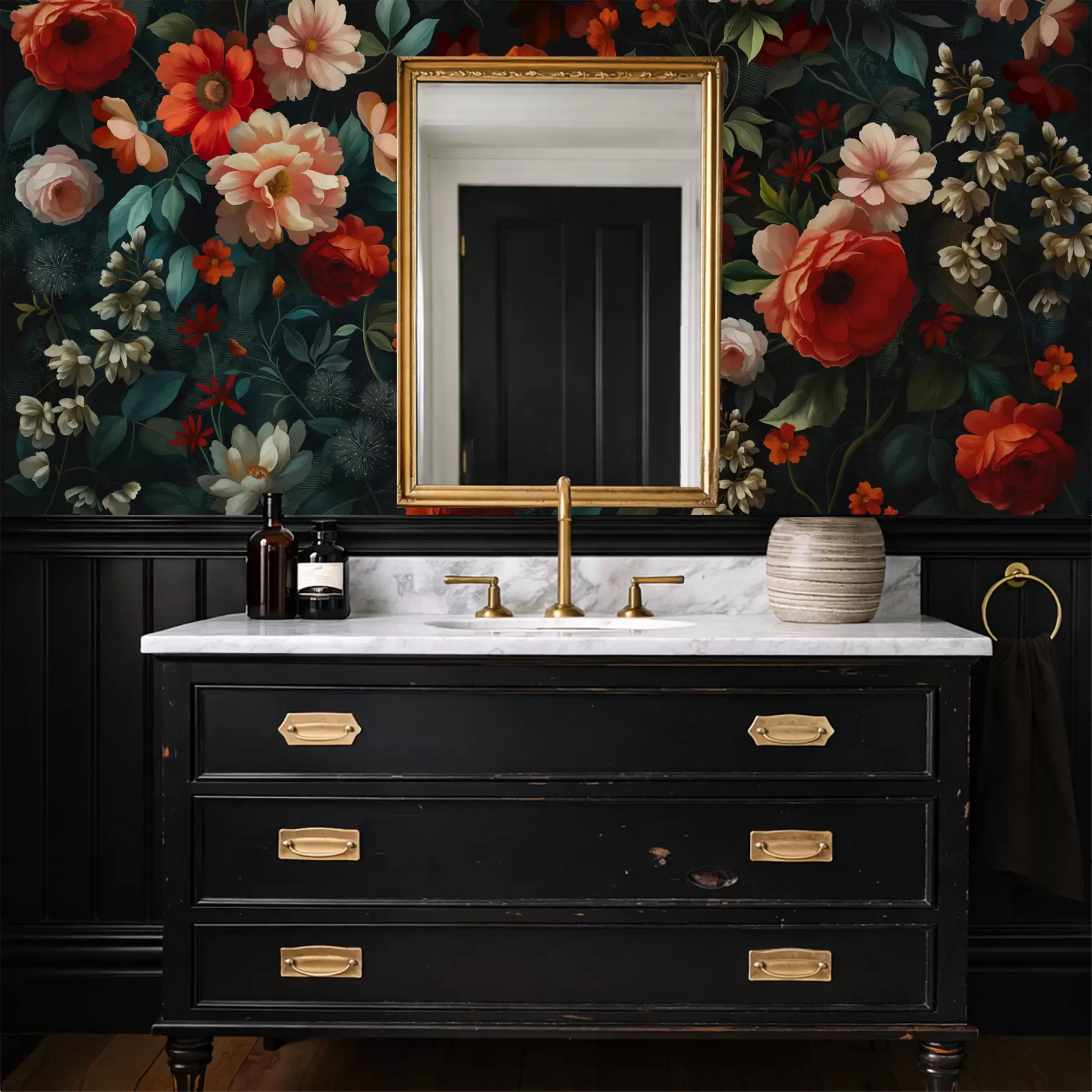 Fototapety Tmavý kvetinový vzor s bujnými záhradnými kvetmi w05087