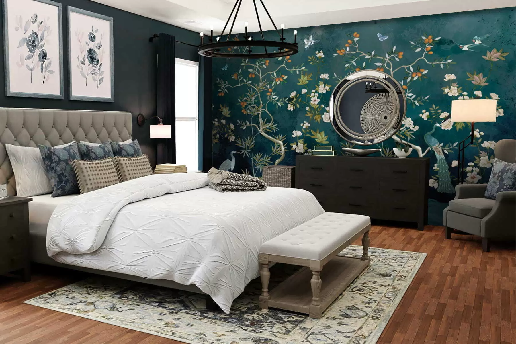 Fototapety Dekoratívna scéna so stromami, kvetmi a vtákmi na tmavom pozadí w05004