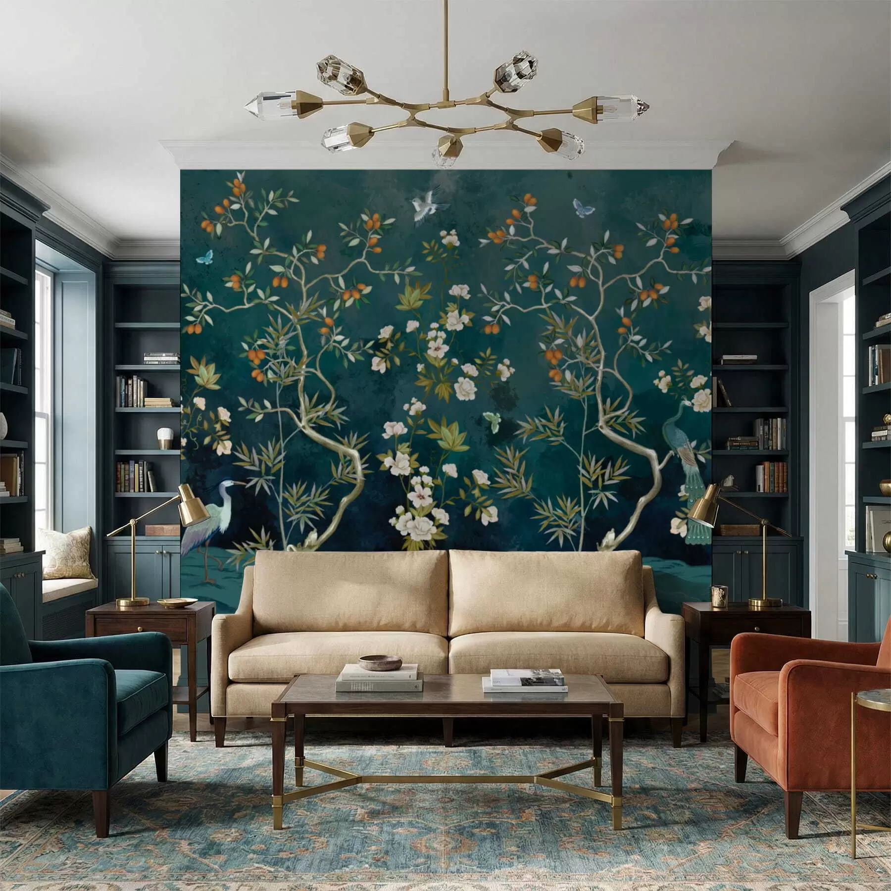 Fototapety Dekoratívna scéna so stromami, kvetmi a vtákmi na tmavom pozadí w05004