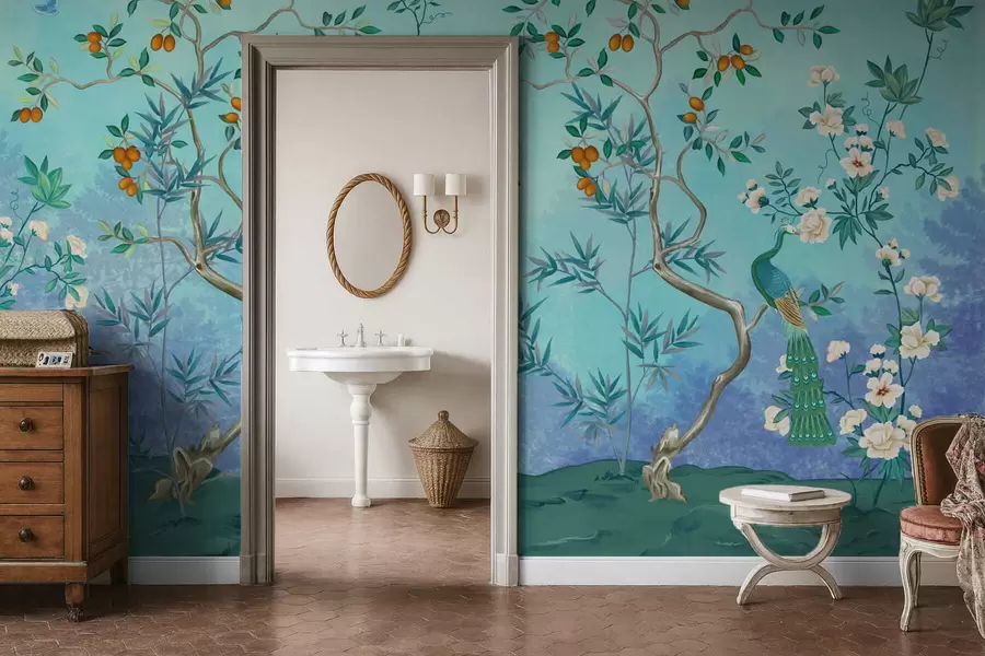 Fototapety Scéna so stromami, kvetmi a vtákmi, modré pozadie w05004v2