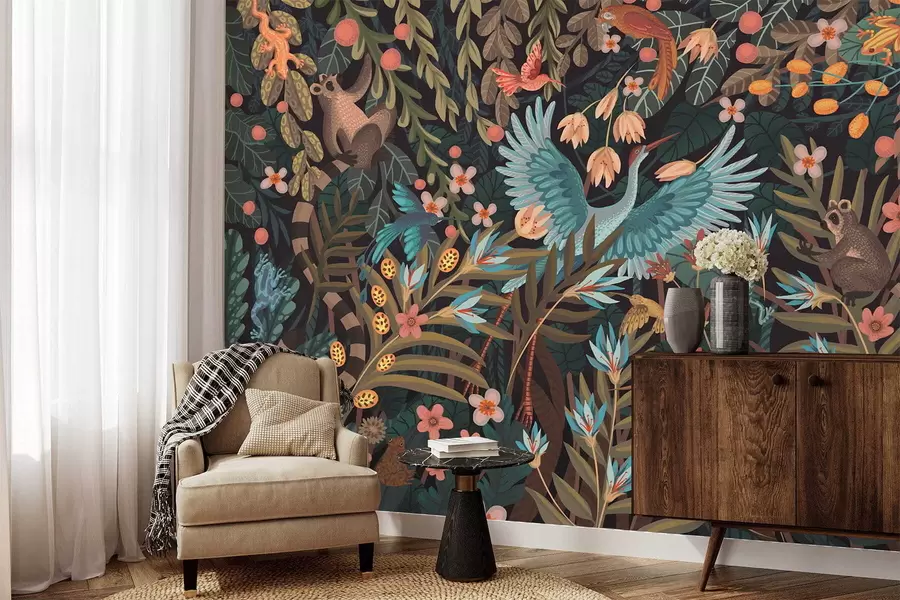 Fototapety Fantazijná scéna s vtákmi a zvieratami medzi rastlinami w05024