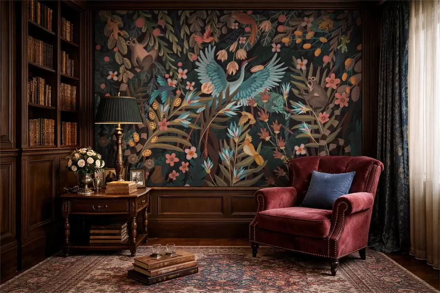 Fototapety Fantazijná scéna s vtákmi a zvieratami medzi rastlinami w05024