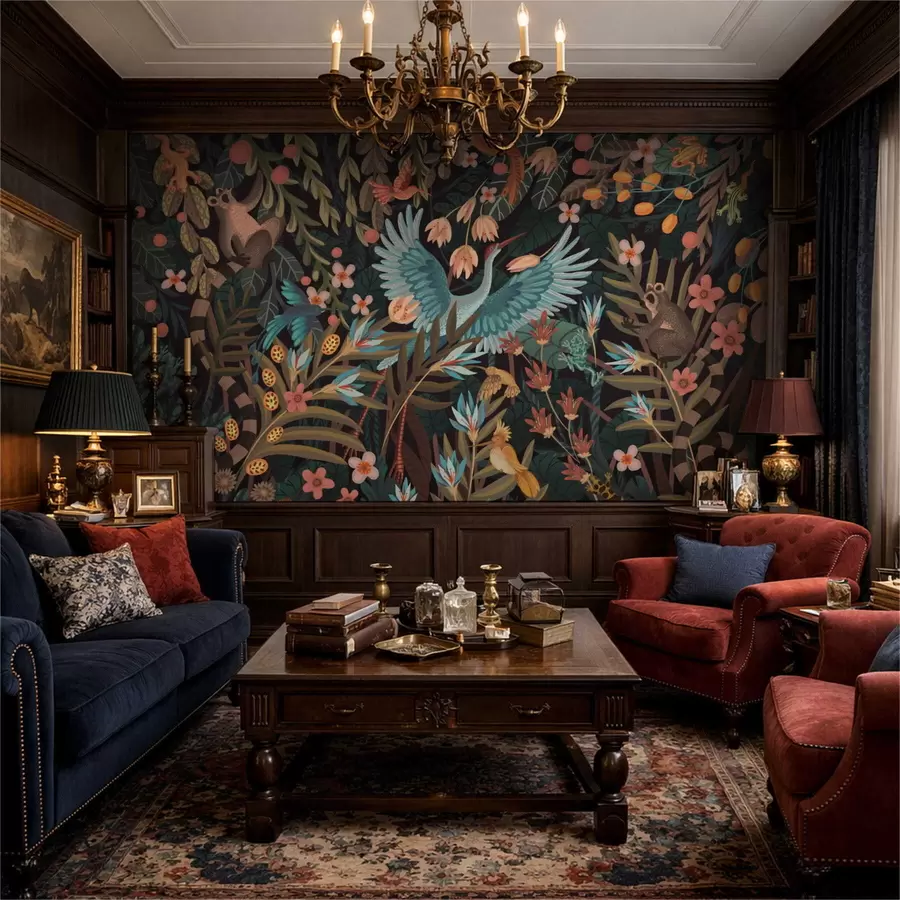 Fototapety Fantazijná scéna s vtákmi a zvieratami medzi rastlinami w05024