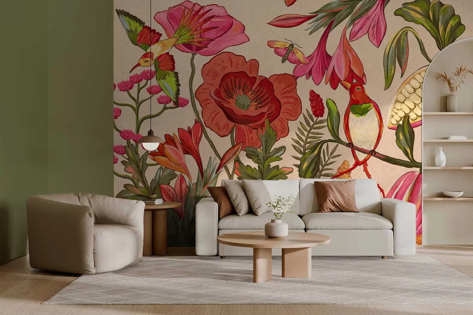 Fototapety Dekoratívne kvety a vtáky na béžovom pozadí w05036