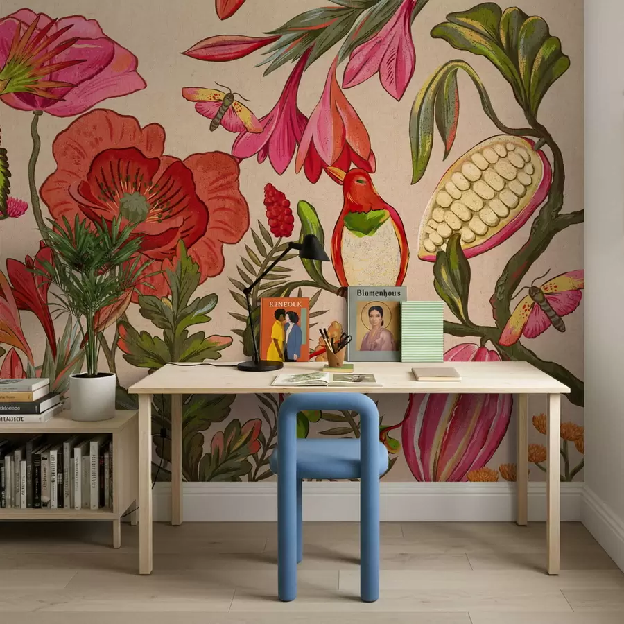 Fototapety Dekoratívne kvety a vtáky na modrom pozadí w05036